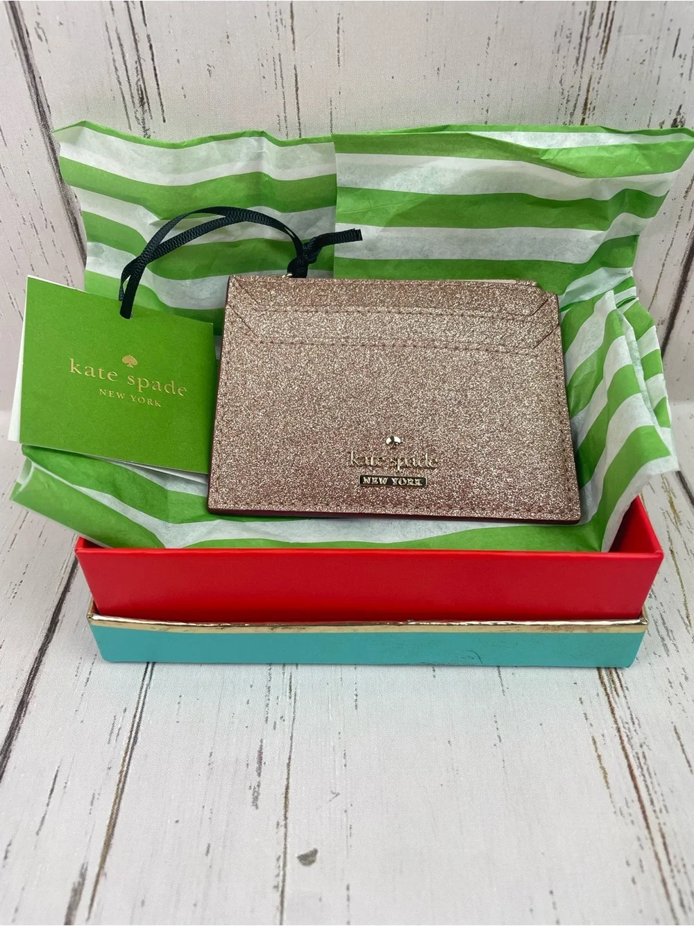 Kate Spade New York Burgess Court Lalena Card Holder *Rose Gold Glitter *NWT